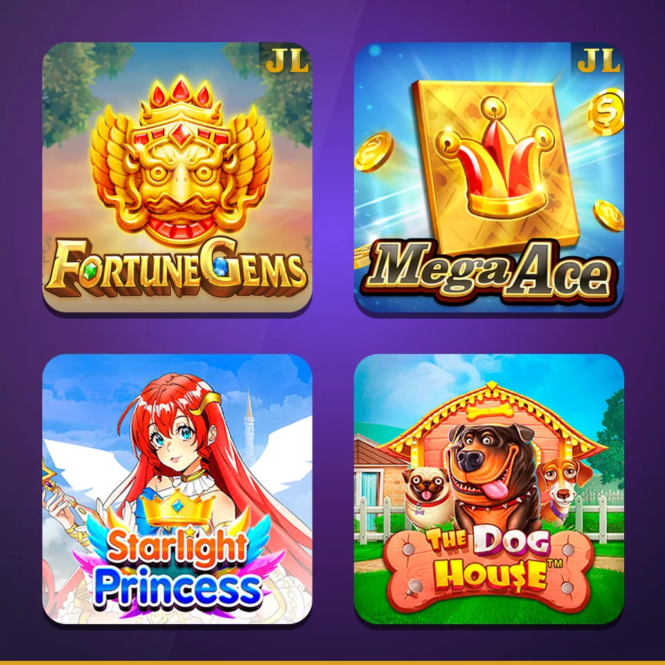 Fortune Gems, Mega Ace, Starlight Princess and The Dog House slot artwork